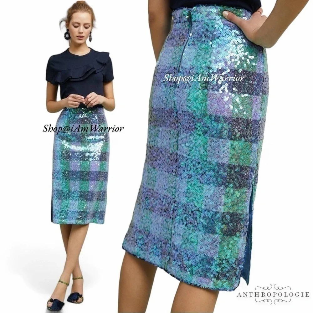 Anthropologie Maeve iridescent sequin buffalo check pencil skirt shop@iamwarrior